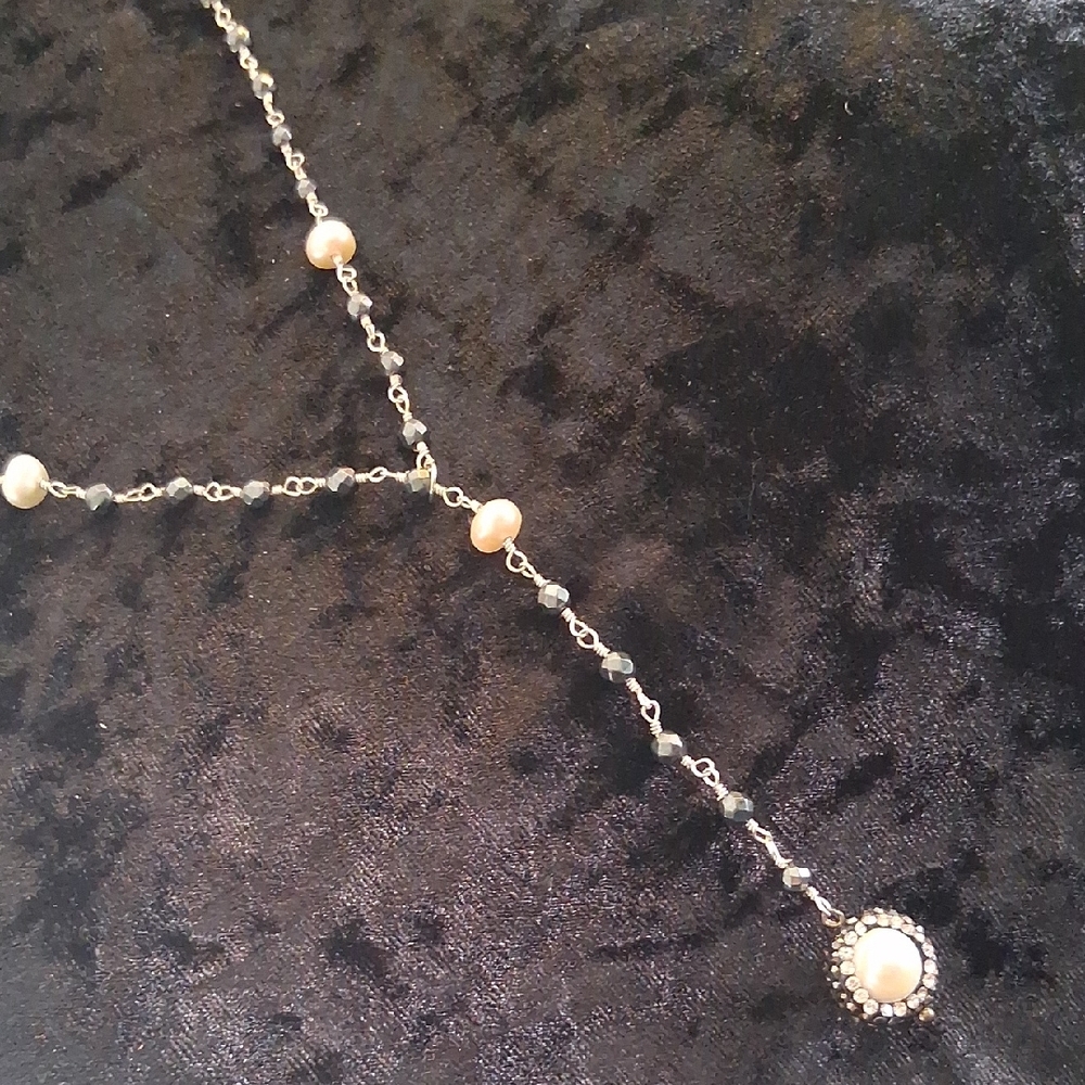 Freshwater Pearl & Hemitite Link Chain lariet Necklace 30 In Long